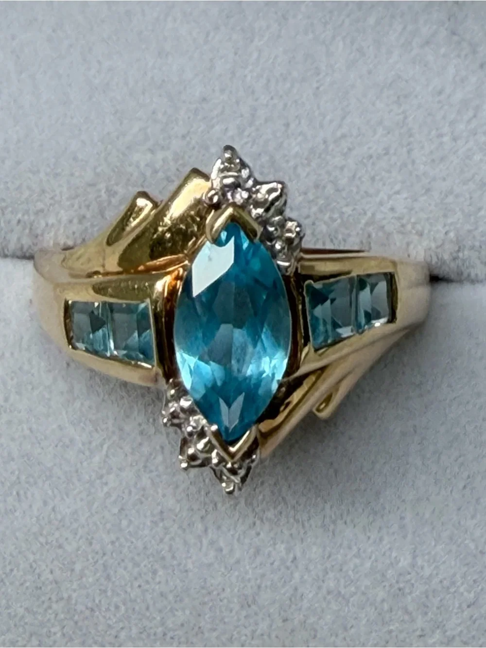 Gold 10K Ring with Marquise Blue Topaz Stone and Diamond Accents Ring Size 7